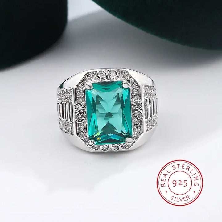 Unisex S925 Silver Engagement Rings Square Green Zircon