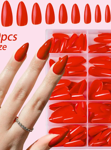 KissICON 120pcs 1 KissIcon Almond Nails Set - Red White Glossy