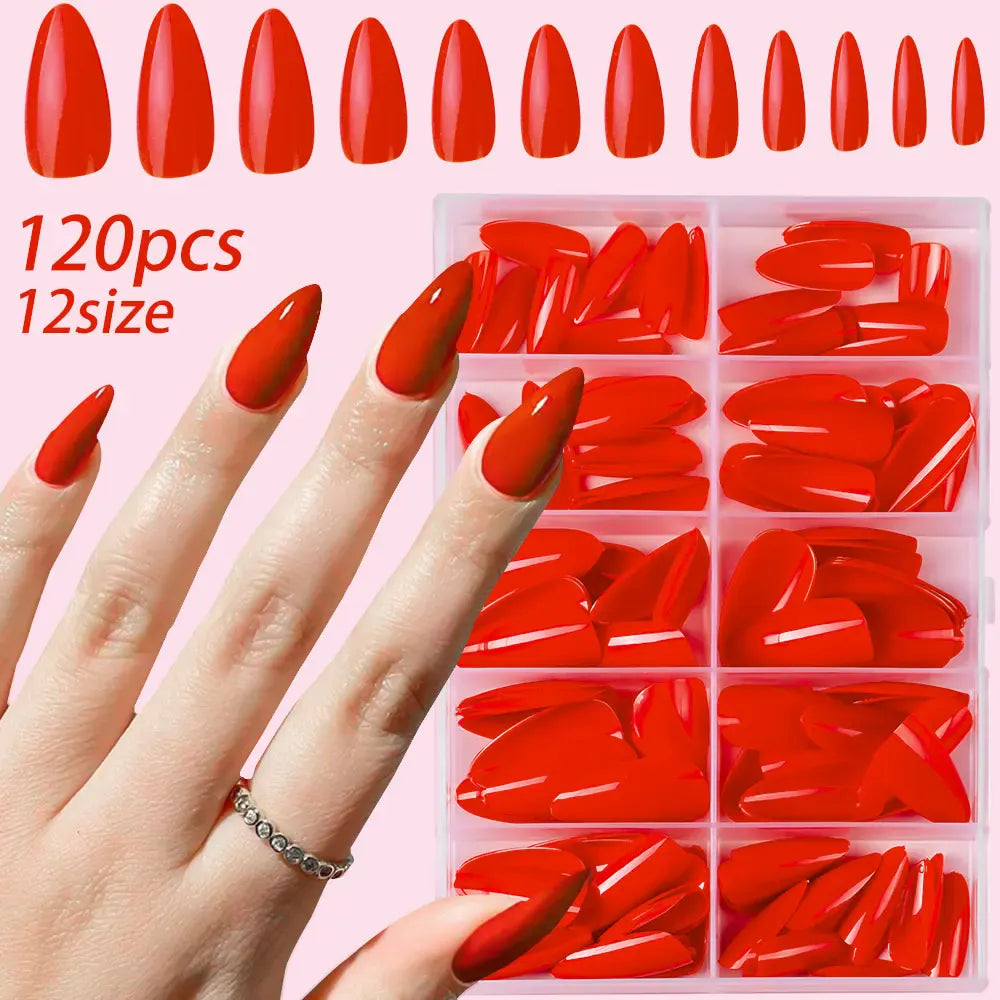 KissICON 120pcs 1 KissIcon Almond Nails Set - Red White Glossy