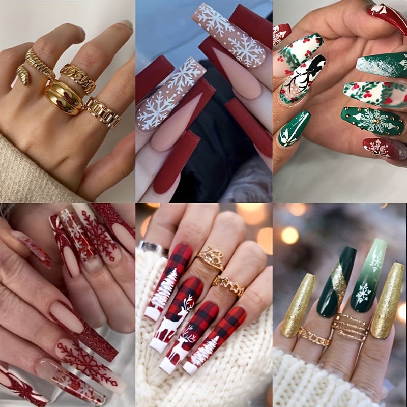 KissICON 120Pcs Nails + 4pcs/rings KissIcon Christmas Press On Nails Coffin Red Green