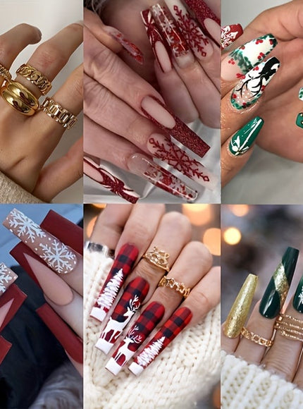 KissICON 120Pcs Nails + 4pcs/rings KissIcon Christmas Press On Nails Coffin Red Green