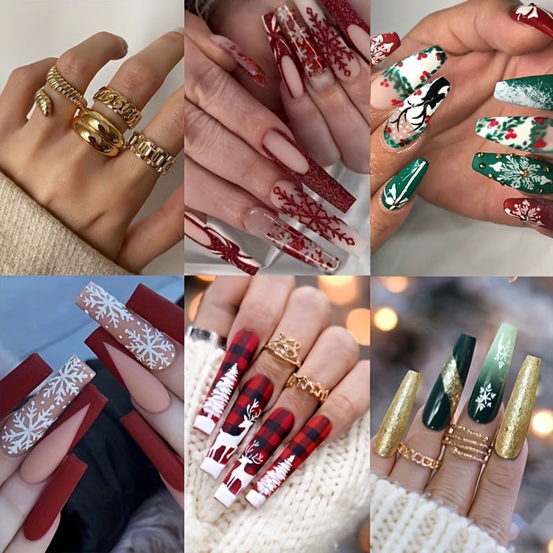 KissICON 120Pcs Nails + 4pcs/rings KissIcon Christmas Press On Nails Coffin Red Green
