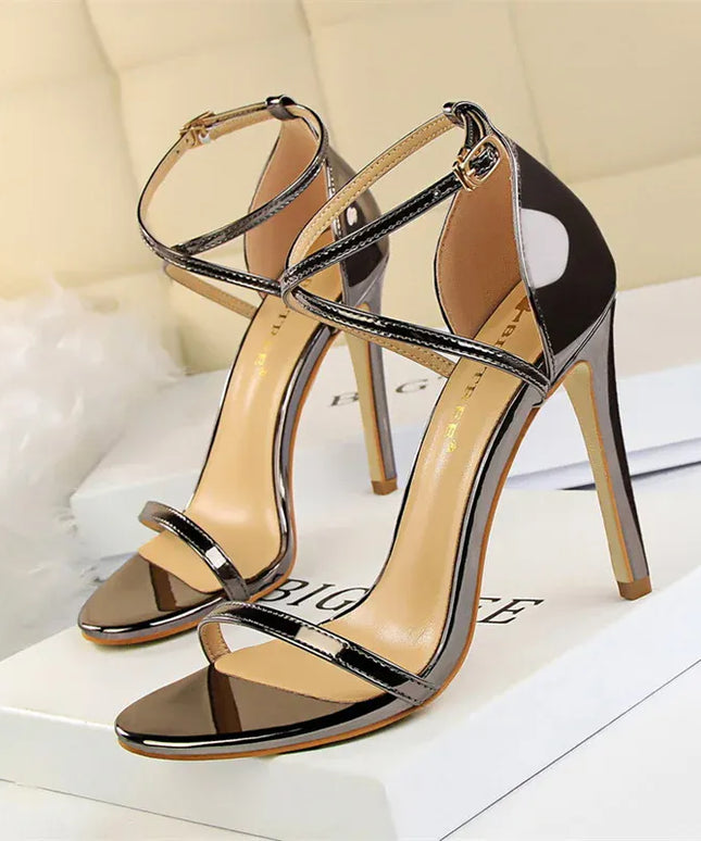 Dropshipman 126-8 Bronze 11cm / 39 / CHINA Women Thin High Heels Summer Champagne Gold Open Toe Buckle Strap Sandals Roman Pumps Gladiators Hollow Cross Strap Sandals