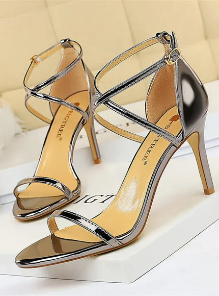 Dropshipman 126-A8 Gray 8cm / 38 / CHINA Women Thin High Heels Summer Champagne Gold Open Toe Buckle Strap Sandals Roman Pumps Gladiators Hollow Cross Strap Sandals