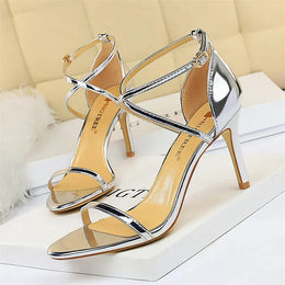 Dropshipman 126-A8 Silver 8cm / 34 / CHINA Women Thin High Heels Summer Champagne Gold Open Toe Buckle Strap Sandals Roman Pumps Gladiators Hollow Cross Strap Sandals