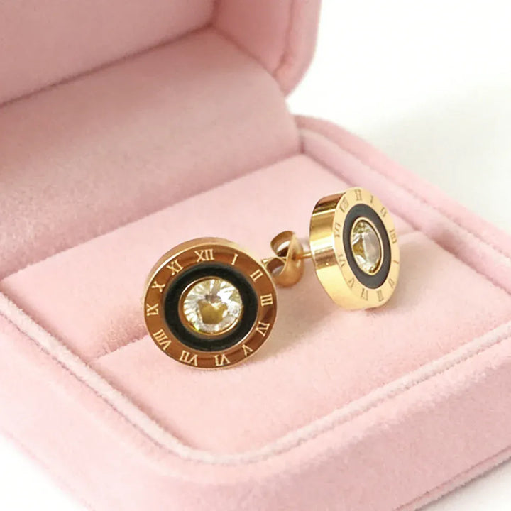 12mm Roman Numeral CZ Stud Earrings in Stainless Steel