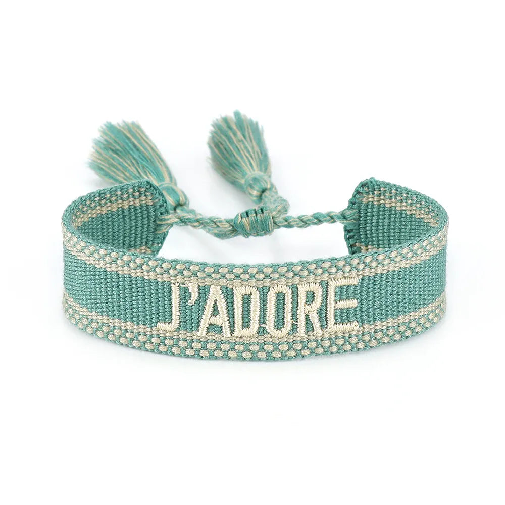 KissICON 131ja Rhinestone Embroidery Woven Bracelets Adjustable Rope Stackable Bangle For Women