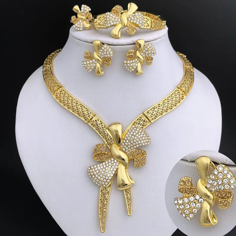 KissICON 132-2 / Gold Italy 18k Gold Plated Women Jewelry Set Classic Design Bowknot Necklace Earring Bracelet And Ring 4PCS Set Jewelry Wedding Party