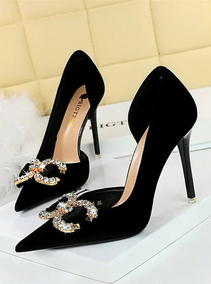 KissICON 1363-K77 Black / 34(Foot22cm) / CHINA Fashion Women High Heel Rhinestone Buckle Bow Green