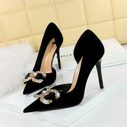 KissICON 1363-K77 Black / 34(Foot22cm) / CHINA Fashion Women High Heel Rhinestone Buckle Bow Green
