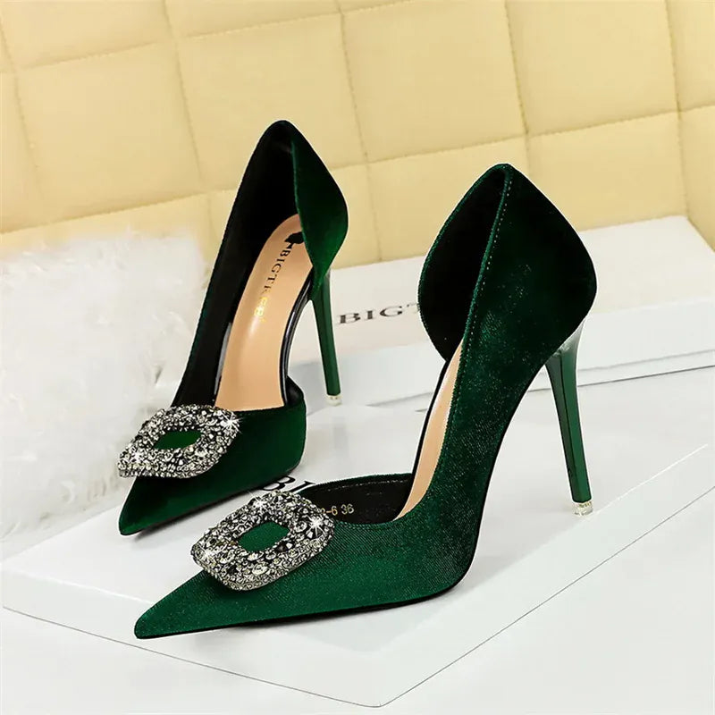KissICON 1363-K83 Green / 34(Foot22cm) / CHINA Women Super High Heels Velvet Pumps Shallow Mouth