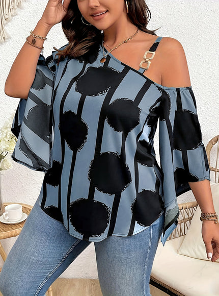 Plus Size 3/4 Sleeve Elegant Cold Shoulder Chain Graphic Print Blouse for Spring & Fall, Women's Clothing