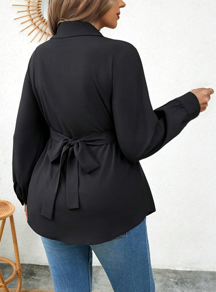 Women'S Elegant Solid Color Shirt with Belt, Polyester 100% Long Sleeve Raglan Sleeve, All-Season H-Fit with Lapel Collar, Button Placket, Regular Length - Woven Fabric 113 gsm
