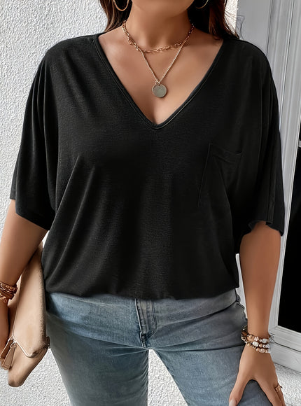 Plus Size, Plus Size Women's 2pcs Set Deep V Neck Solid Color Pocket Patch T-Shirt