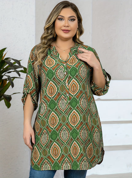 Plus Size - Women'S Plus Size Tropical Print V-Neck Blouse - Elegant Loose Fit Long Shirt with Adjustable Three-Quarter Sleeves, Half Placket & Button Front, Comfortable Casual Top for Casual Attire, Casual Attire Blouse | Vn