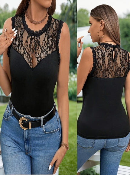 Plus Size Lace Trim Sleeveless Tank Top – Black & White