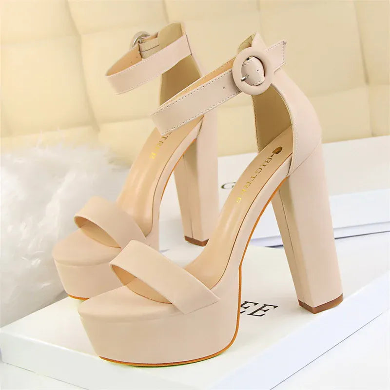 Dropshipman 1550-1 Pink / 43 / CHINA New Fashion Simple Comfort Women Platform High Heels Sandals Summer Peep Toe Party Wedding Pumps Buckle Slimming Shoes
