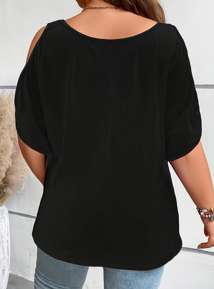 Plus Size Solid Cold Shoulder Women's Casual Crew Neck Short Sleeve T-Shirt