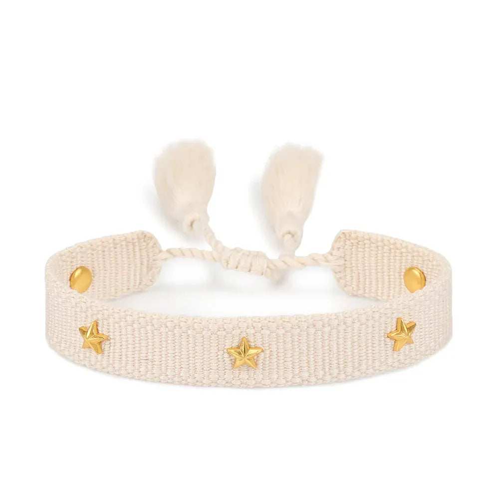 KissICON 16 beige Rhinestone Embroidery Woven Bracelets Adjustable Rope Stackable Bangle For Women