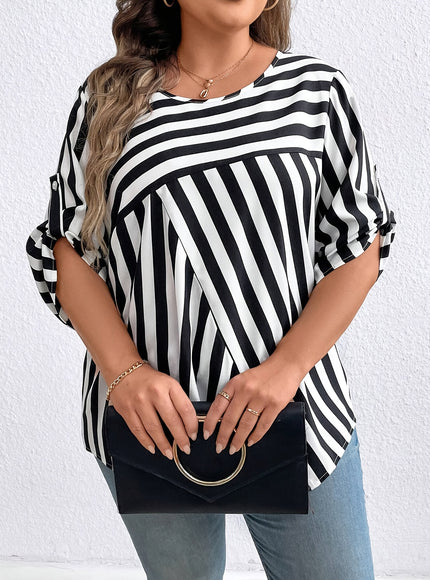 Elegant Plus Size Stripe Print Blouse - 100% Polyester Crew Neck Top, Oversized Non-Stretch Woven Shirt for All Seasons
