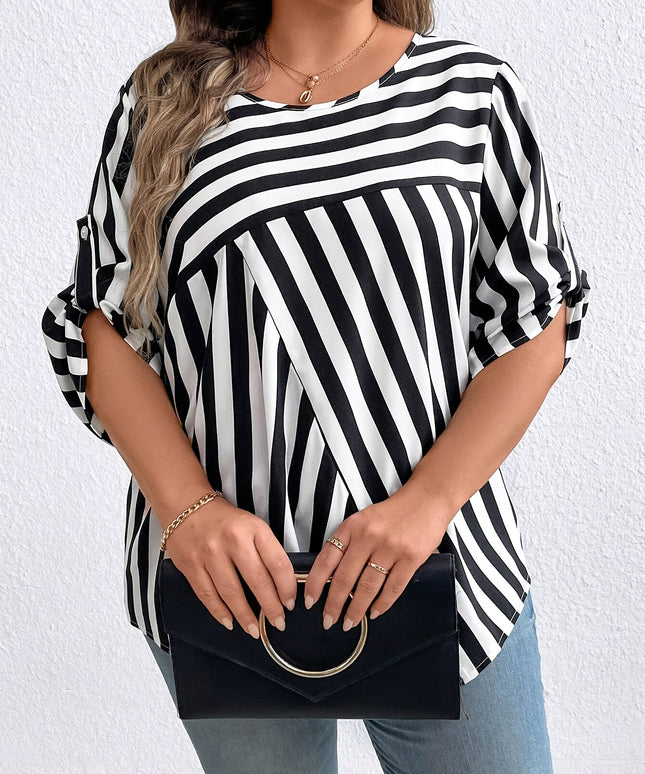Elegant Plus Size Stripe Print Blouse - 100% Polyester Crew Neck Top, Oversized Non-Stretch Woven Shirt for All Seasons
