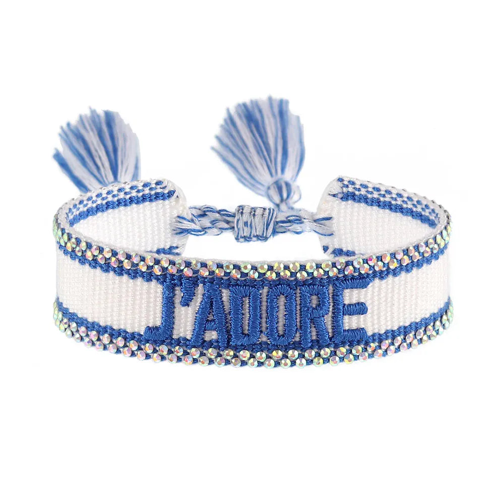 KissICON 171 stone Rhinestone Embroidery Woven Bracelets Adjustable Rope Stackable Bangle For Women