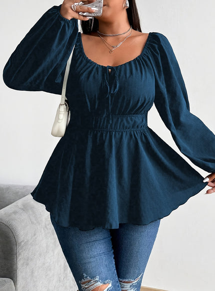 Plus Size - Plus Size - Plus Size - Women'S Plus Size Navy Blue Blouse with Front Drawstring & Ruffled Sleeves - Casual Keyhole Neckline, Long Sleeve, Non-Stretch Fabric, Perfect for Casual Attire, Casual Wear Blouse | Ruffle