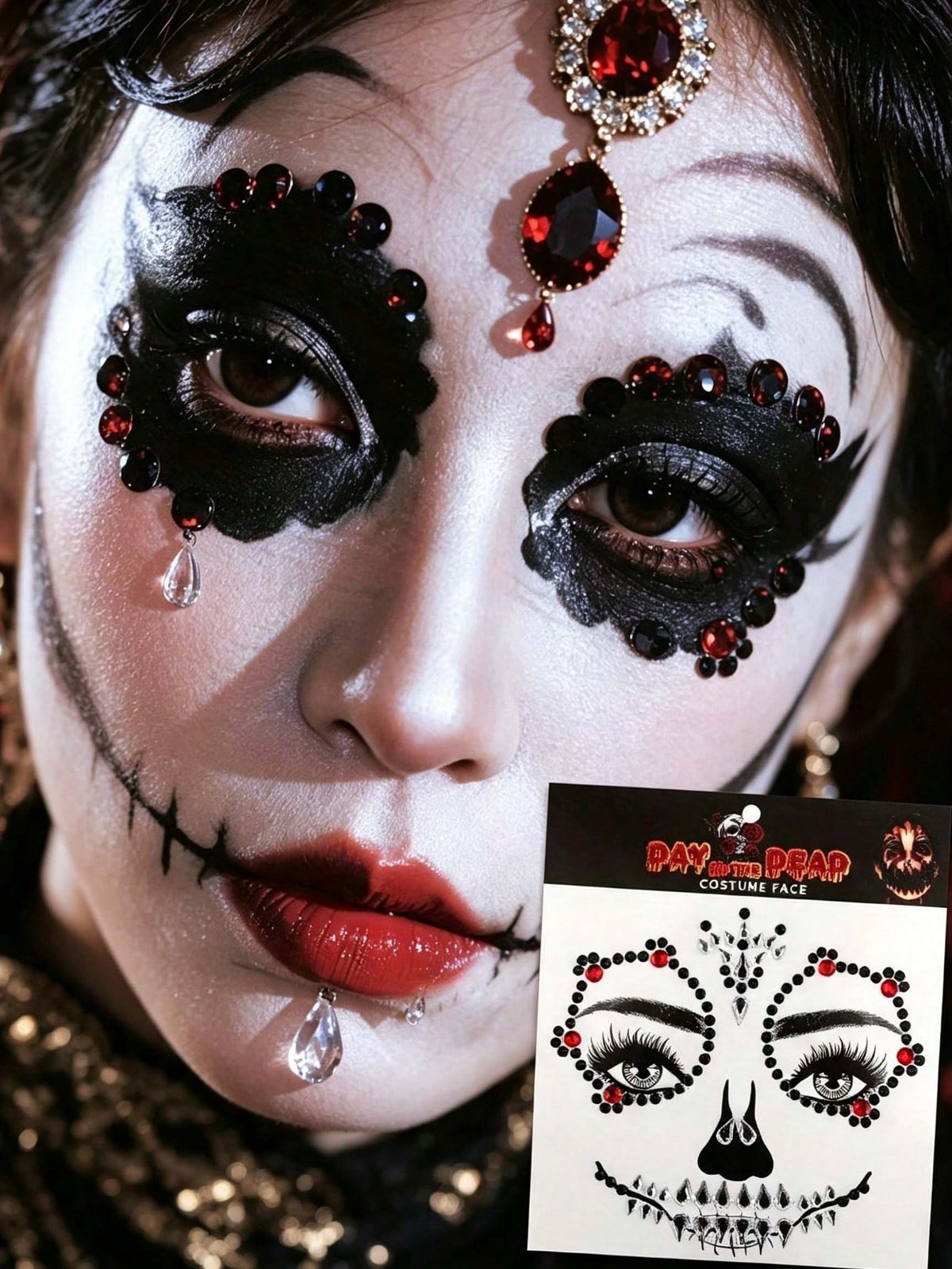 KissICON 1pc Black, White & Red Synthetic Gemstone - Exquisite Skull, Gothic, Punk Design With Round And Crown Patterns, Precisely Cut Eyes And Mouth, Suitable For Day Of The Dead, Carnival, Halloween, Music Festival, Masquerade Makeup - Easy To Apply And Remove,