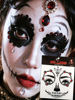 KissICON 1pc Black, White & Red Synthetic Gemstone - Exquisite Skull, Gothic, Punk Design With Round And Crown Patterns, Precisely Cut Eyes And Mouth, Suitable For Day Of The Dead, Carnival, Halloween, Music Festival, Masquerade Makeup - Easy To Apply And Remove,