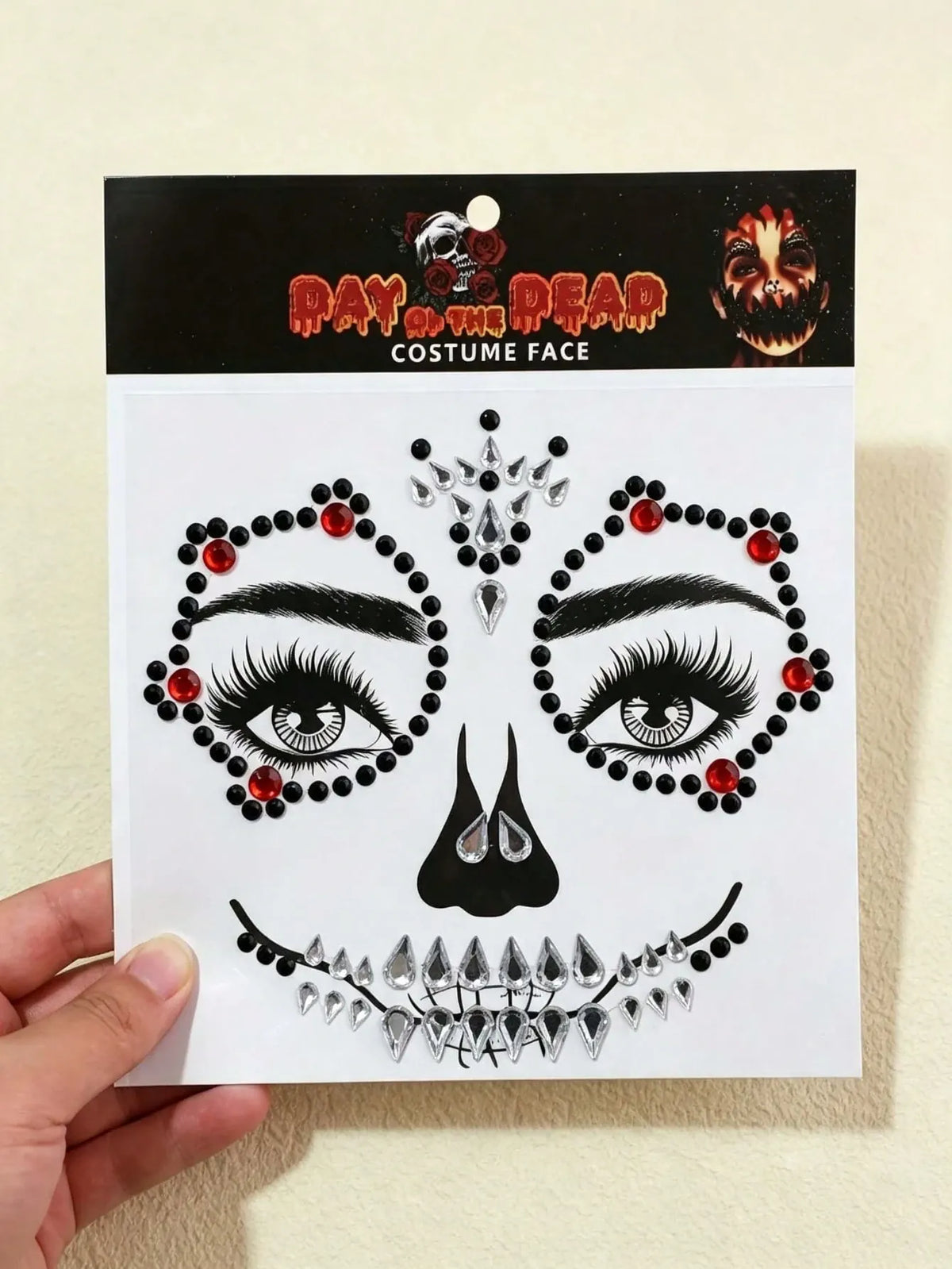 KissICON 1pc Black, White & Red Synthetic Gemstone - Exquisite Skull, Gothic, Punk Design With Round And Crown Patterns, Precisely Cut Eyes And Mouth, Suitable For Day Of The Dead, Carnival, Halloween, Music Festival, Masquerade Makeup - Easy To Apply And Remove,