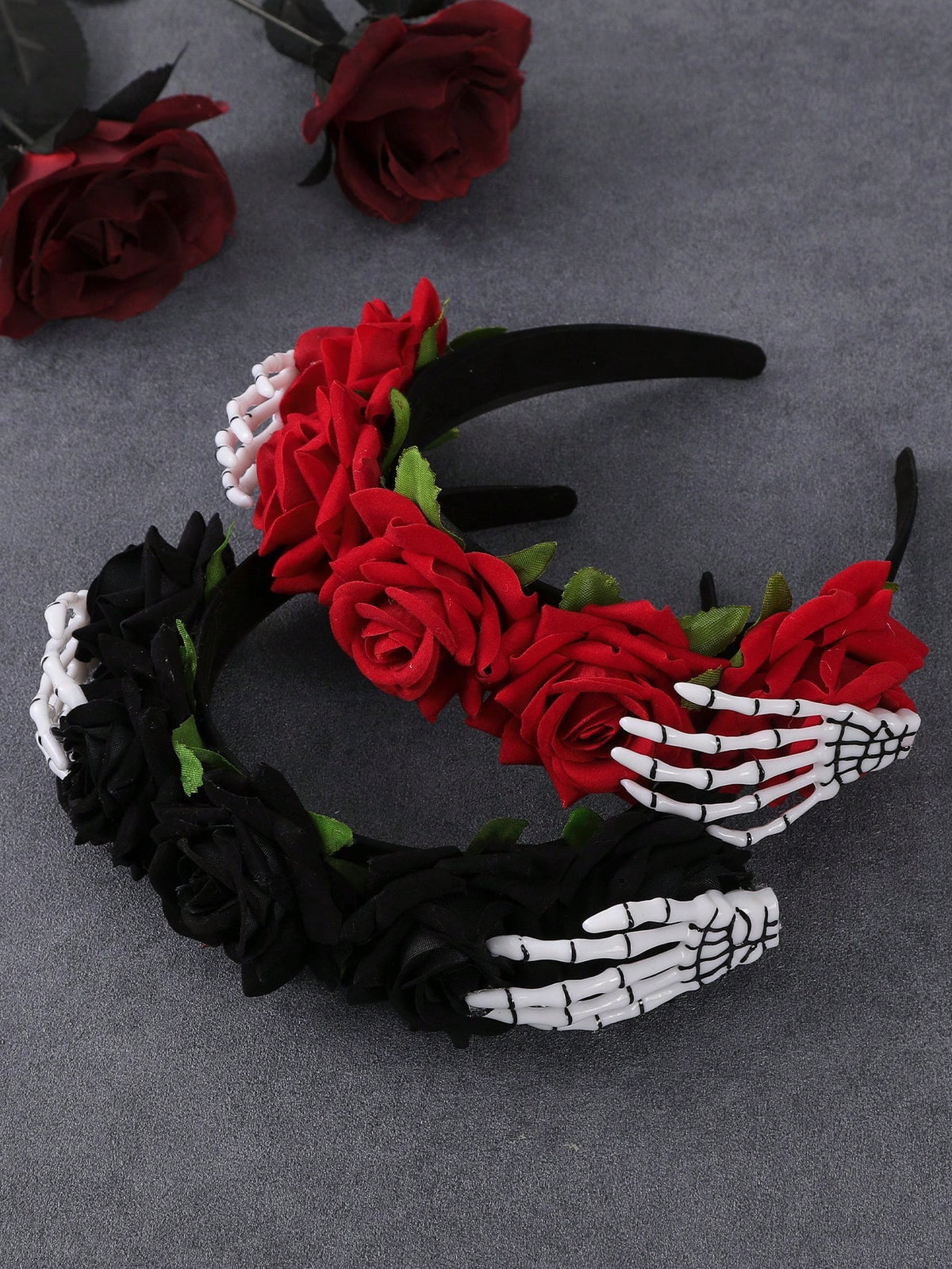 KissICON 2/1pc Women's Day Of The Dead Rose Wreath Headband, Artificial Red Roses With Skeleton Hand Claw Decor Adjustable Flower Crown, Suitable For Halloween Sugar Skull Makeup Cosplay, Theme Party Costume, Ghost Bride Headpiece