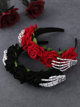 KissICON 2/1pc Women's Day Of The Dead Rose Wreath Headband, Artificial Red Roses With Skeleton Hand Claw Decor Adjustable Flower Crown, Suitable For Halloween Sugar Skull Makeup Cosplay, Theme Party Costume, Ghost Bride Headpiece