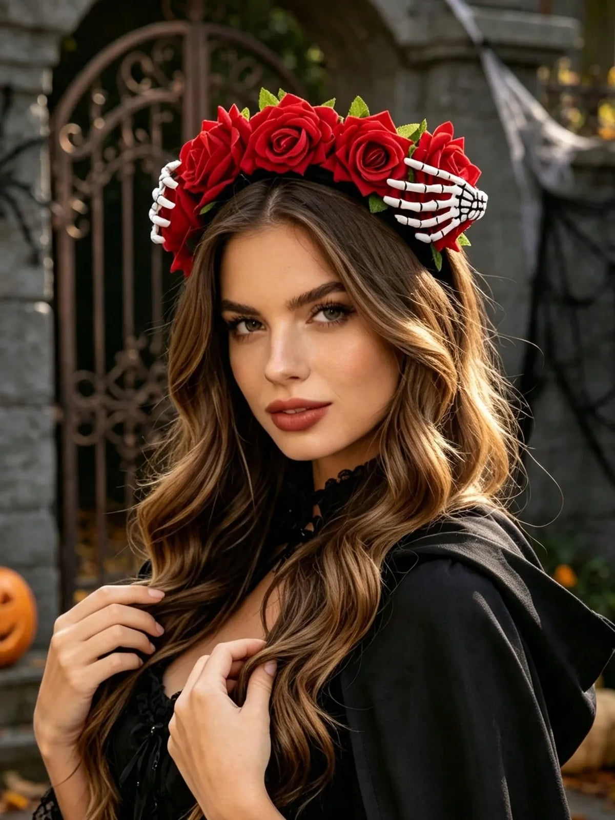 KissICON 2/1pc Women's Day Of The Dead Rose Wreath Headband, Artificial Red Roses With Skeleton Hand Claw Decor Adjustable Flower Crown, Suitable For Halloween Sugar Skull Makeup Cosplay, Theme Party Costume, Ghost Bride Headpiece