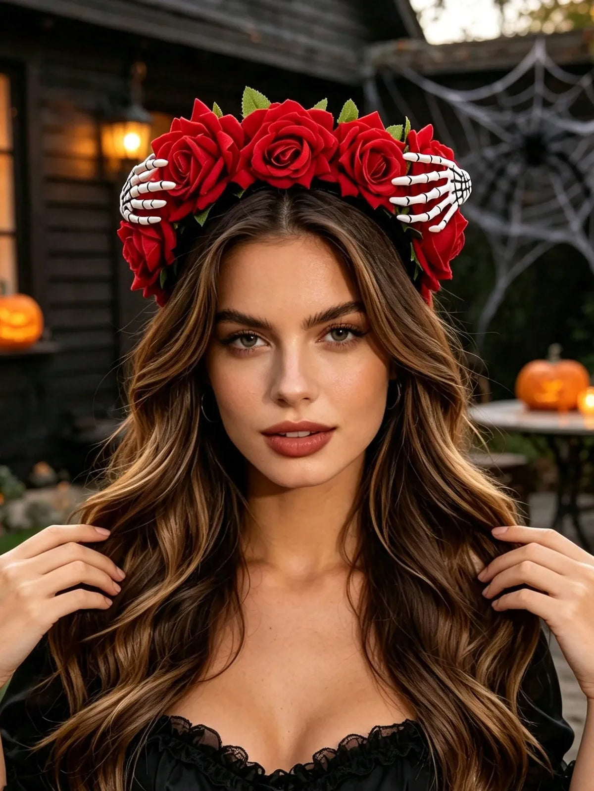 KissICON 2/1pc Women's Day Of The Dead Rose Wreath Headband, Artificial Red Roses With Skeleton Hand Claw Decor Adjustable Flower Crown, Suitable For Halloween Sugar Skull Makeup Cosplay, Theme Party Costume, Ghost Bride Headpiece