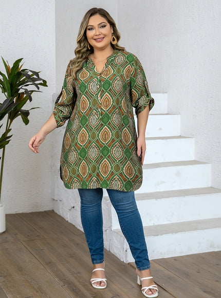 Plus Size - Women'S Plus Size Tropical Print V-Neck Blouse - Elegant Loose Fit Long Shirt with Adjustable Three-Quarter Sleeves, Half Placket & Button Front, Comfortable Casual Top for Casual Attire, Casual Attire Blouse | Vn