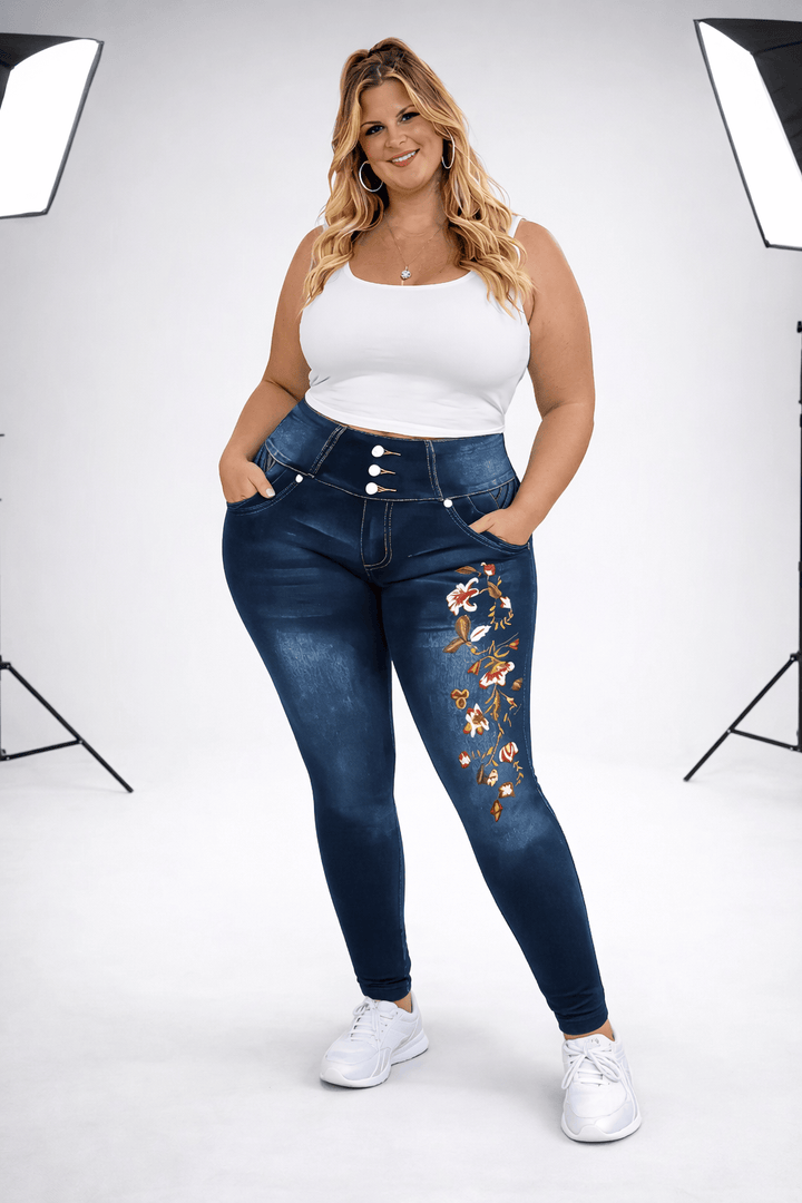 Plus Size Printed Denim Look Leggings – Stretchy High Waist