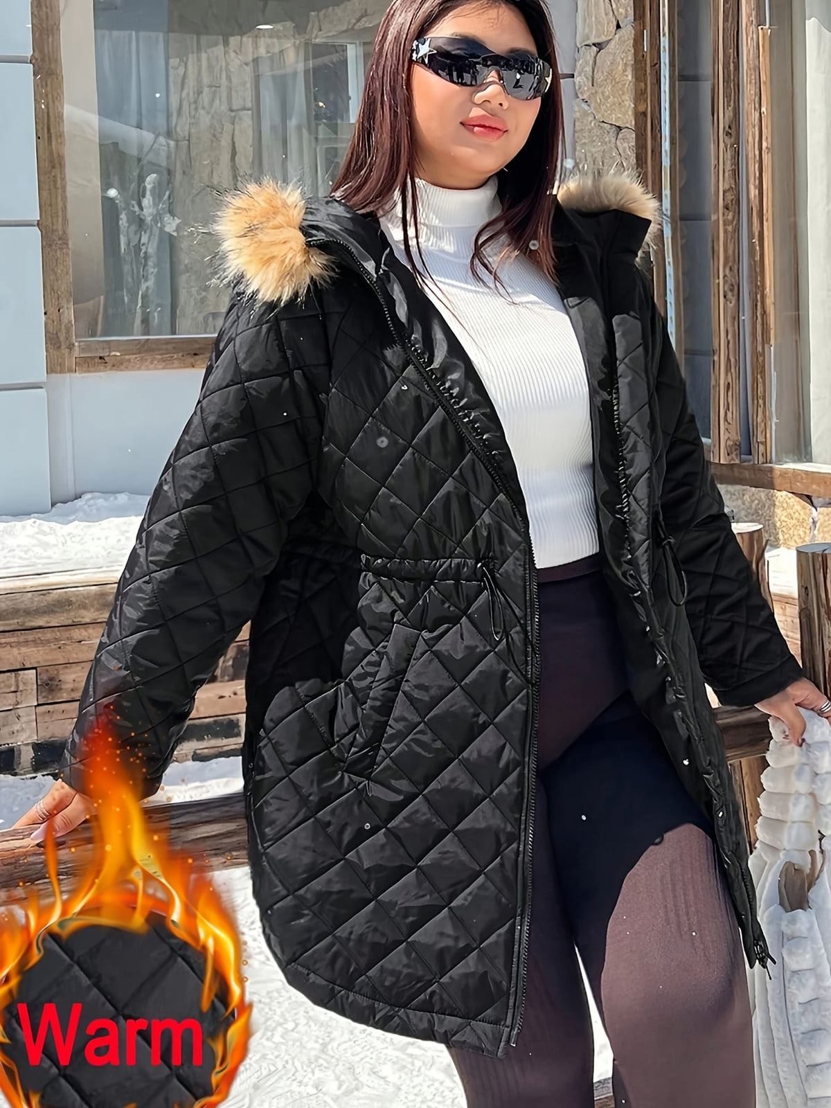 jkthpu-45 Elegant Plus Size FleeceLined Hooded Winter Jacket
