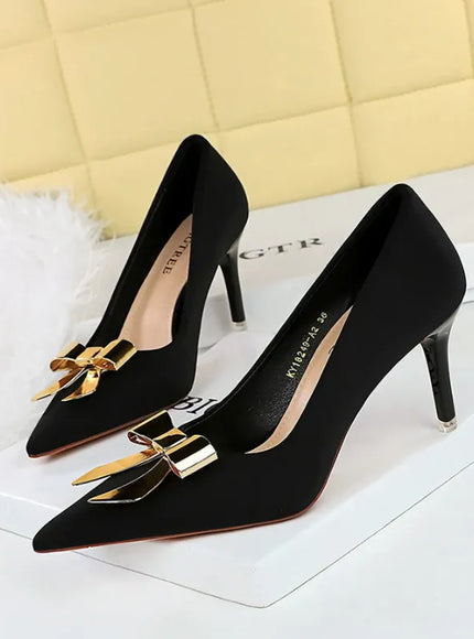 KissICON 18249-AK68 Black / 35 / CHINA Fashionable Pointed High Heels Metal Bow Thin Heels