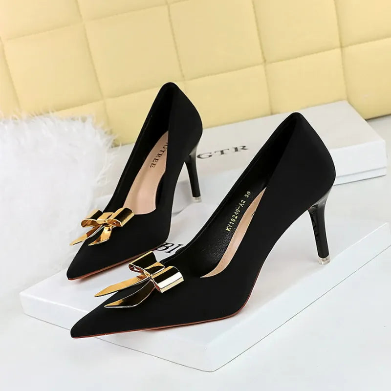 KissICON 18249-AK68 Black / 35 / CHINA Fashionable Pointed High Heels Metal Bow Thin Heels