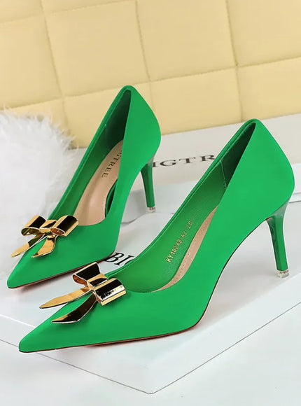 KissICON 18249-AK68 Green / 35 / CHINA Fashionable Pointed High Heels Metal Bow Thin Heels