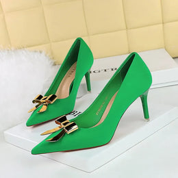 KissICON 18249-AK68 Green / 35 / CHINA Fashionable Pointed High Heels Metal Bow Thin Heels