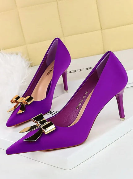 KissICON 18249-AK68 Purple / 35 / CHINA Fashionable Pointed High Heels Metal Bow Thin Heels