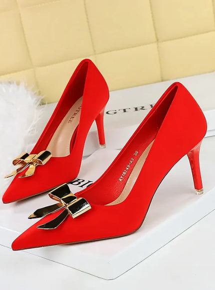 KissICON 18249-AK68 Red / 35 / CHINA Fashionable Pointed High Heels Metal Bow Thin Heels