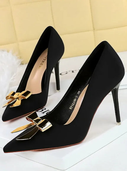 KissICON 18249-K68 Black / 35 / CHINA Fashionable Pointed High Heels Metal Bow Thin Heels