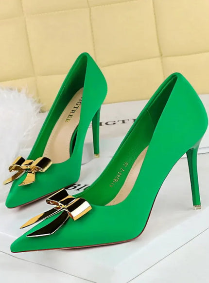 KissICON 18249-K68 Green / 35 / CHINA Fashionable Pointed High Heels Metal Bow Thin Heels