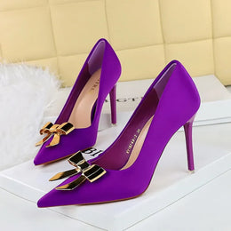 KissICON 18249-K68 Purple / 35 / CHINA Fashionable Pointed High Heels Metal Bow Thin Heels