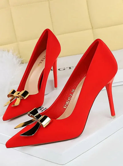 KissICON 18249-K68 Red / 37 / CHINA Fashionable Pointed High Heels Metal Bow Thin Heels