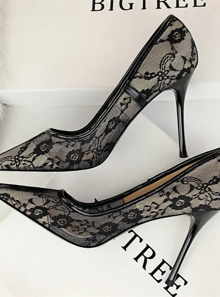 KissICON 1853-1 Black / 37 / CHINA 2024 Black Flower Lace Mesh Pumps Women Pointed