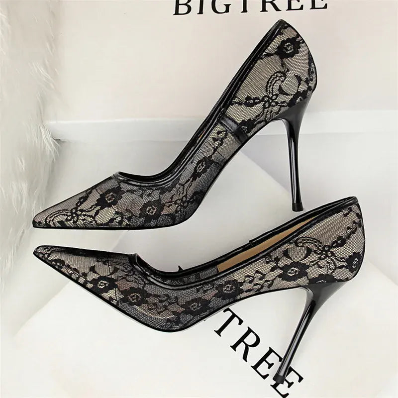 KissICON 1853-1 Black / 37 / CHINA 2024 Black Flower Lace Mesh Pumps Women Pointed