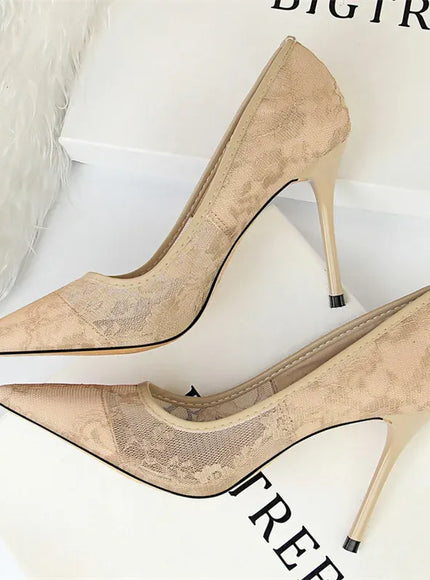 KissICON 1853-1 Khaki / 35 / CHINA 2024 Black Flower Lace Mesh Pumps Women Pointed
